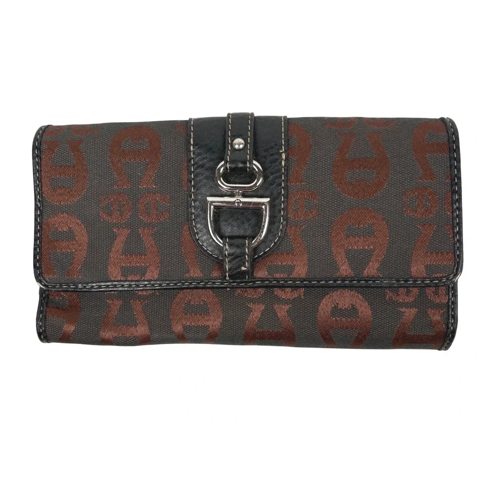 Etienne Aigner Trifold Wallet OS Brown Black Monogram Jacquard‎ Horseshoe Logo